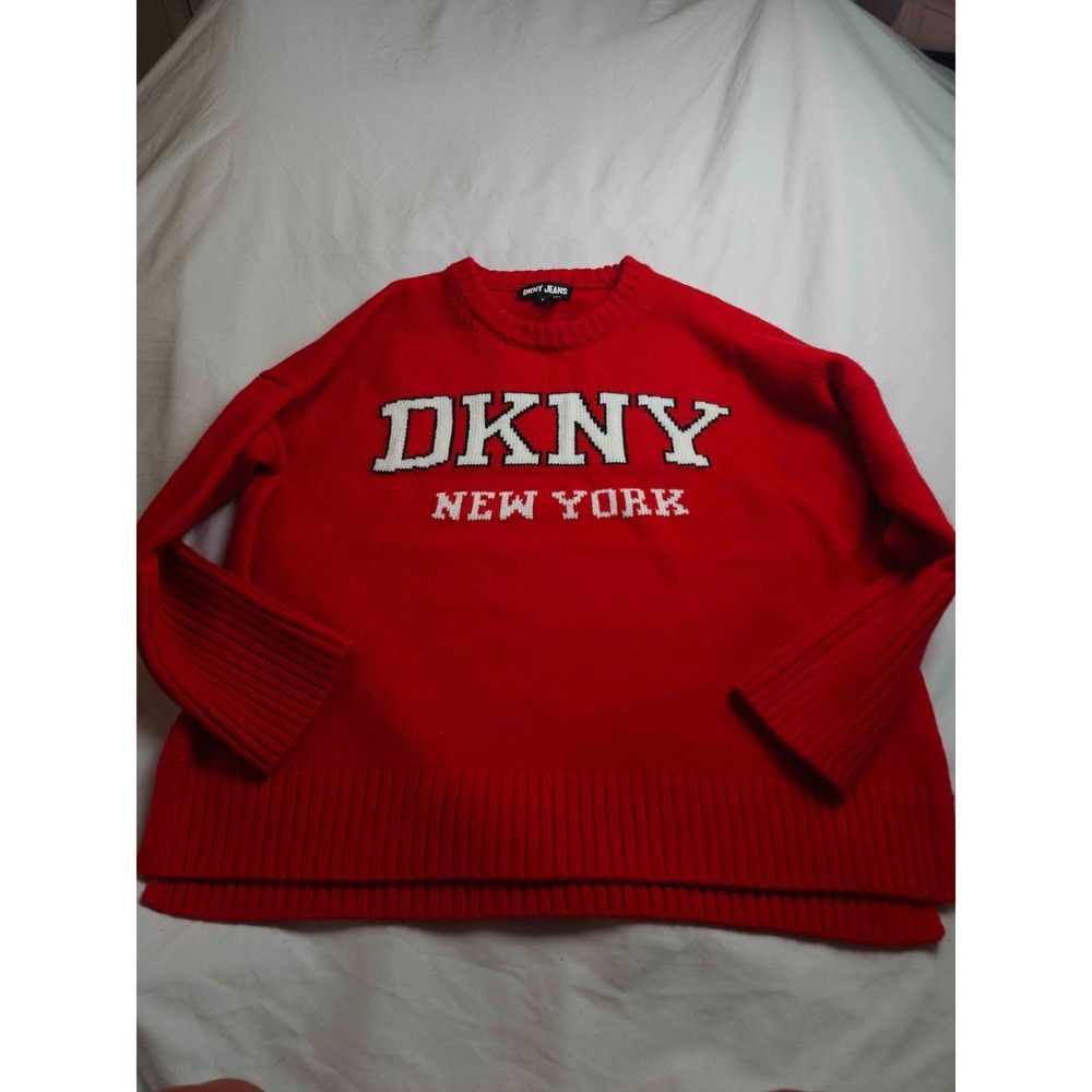 DKNY Jeans Sweater‎ Womens M Red Knit Logo New York Graphic Oversized Pullover - Picture 2 of 6
